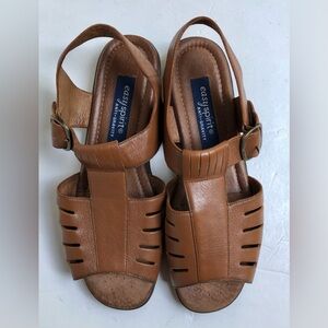 Easy Spirit Ankle Strap Open Toe Brown Leather Flat Sandals Women’s 9 W Ps2